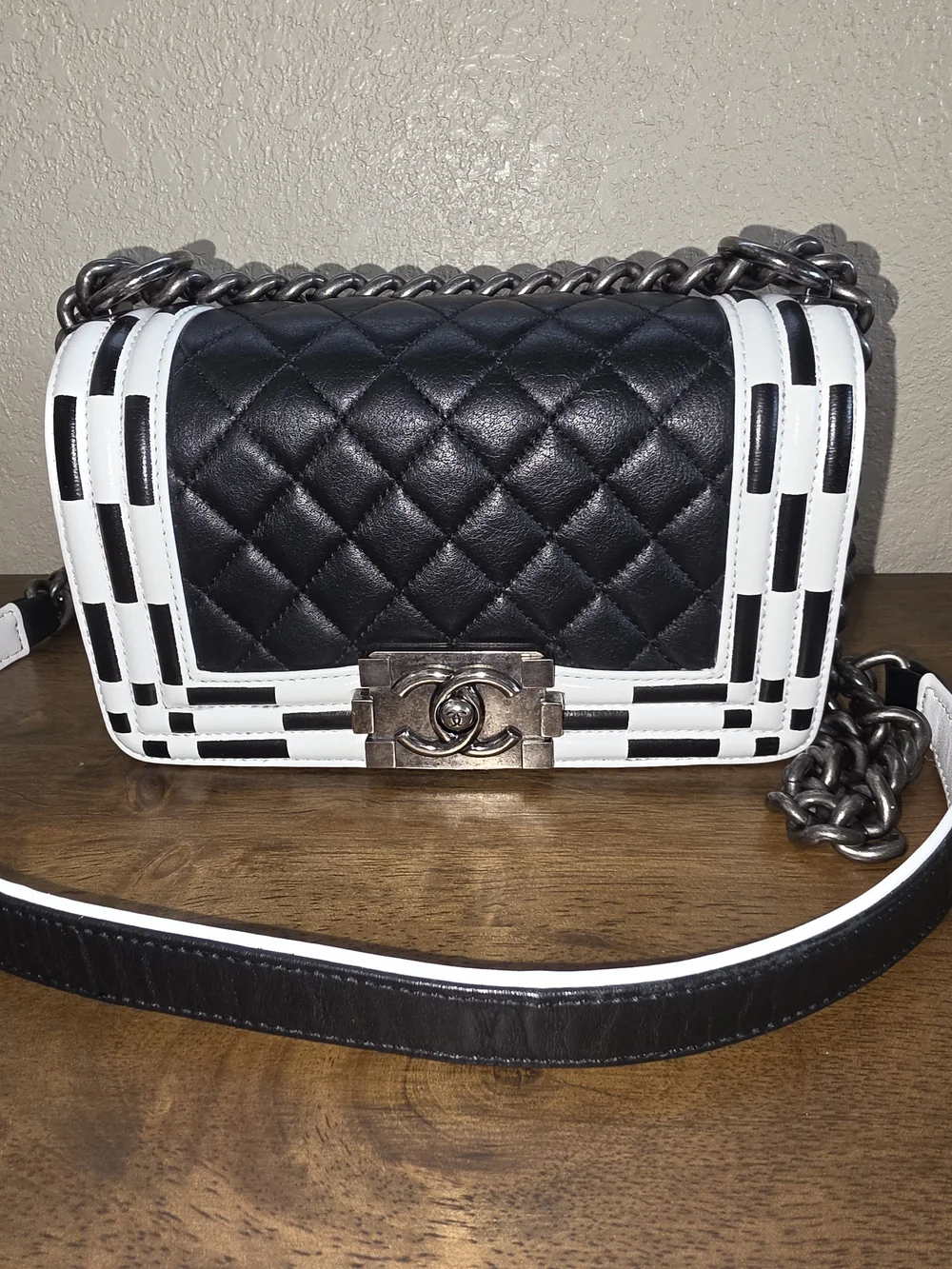 CHANEL Black and White Quilted Boy Bag Antiqued Silver Hardware
